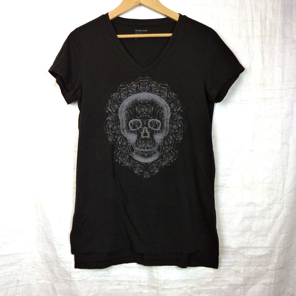 Skull Rose Graphic Tunic Top Women Size Free M/L Black Gothic Tee V-neck Y2K